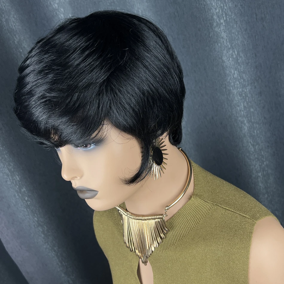 ショートレイヤードピクシーカット人毛ボブウィッグ、フルマシンメイド100%人毛ウィッグ、前髪付き、女性用、ブラックレミーストレートウィッグ