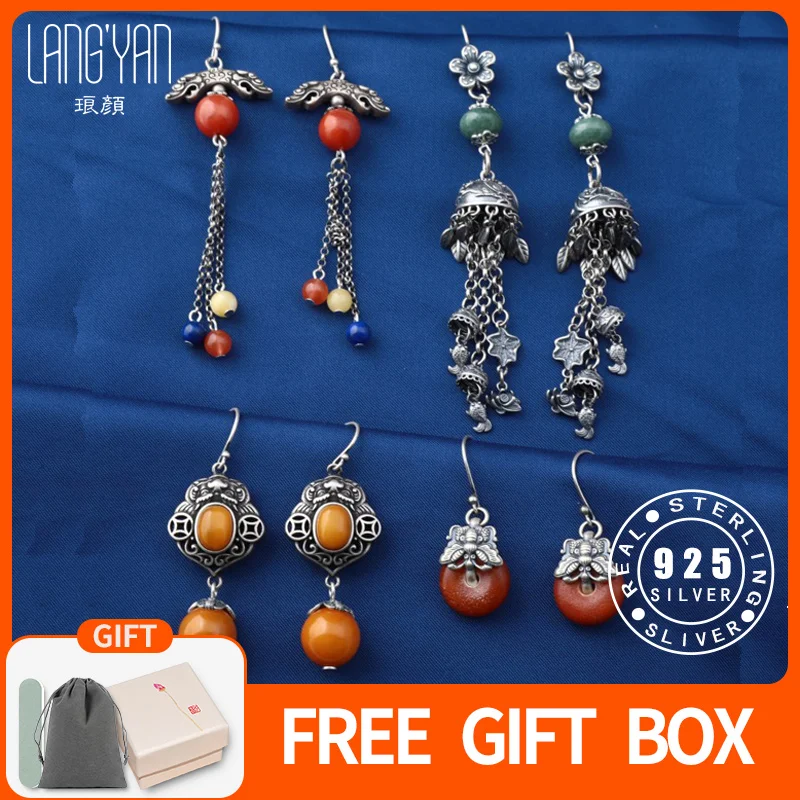 

Langyan Real 925 Sterling Silver Tassel Earrings for Women Chinese Style Vintage Beeswax Amber Red Agate Jade Earrings Gifts