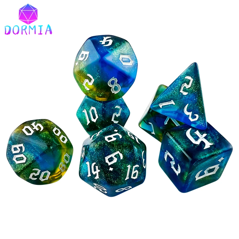 DND dice RPG dice Acrylic dice Multilple colours Starlight effect 7 dice set Retro font style for Board Game DND RPG accessories