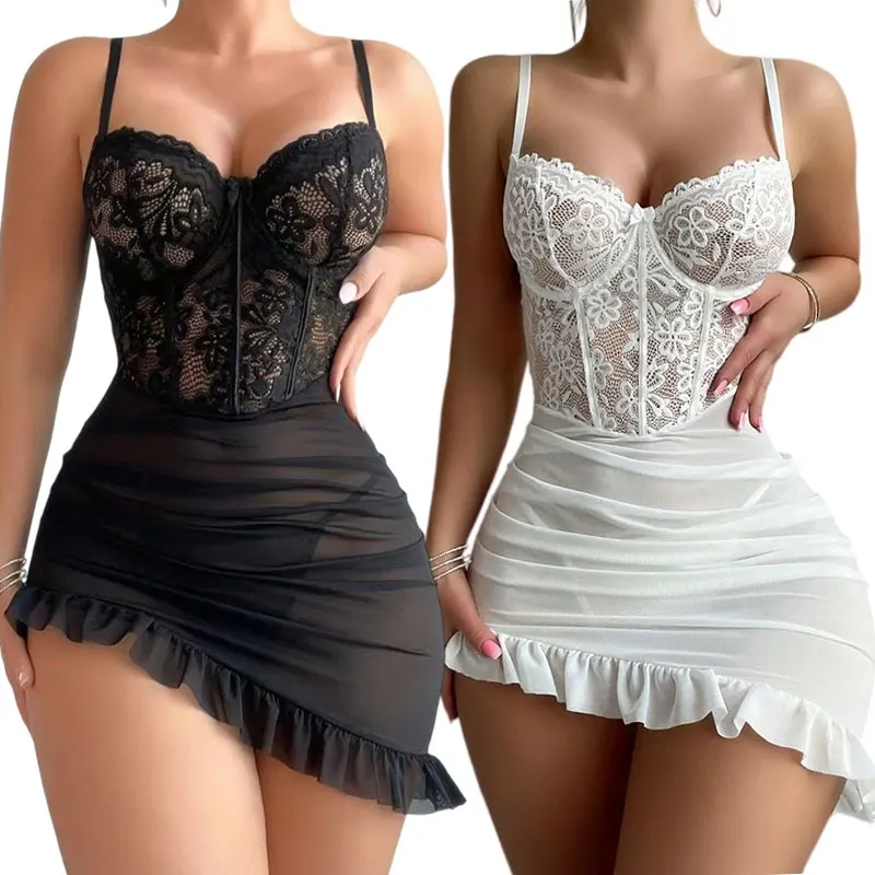 Sexy Women Lingerie Night Dress Delicate Nightgown With Panties Steel Ring Push Up Bras Transparent Bra And Thong Underwear Sets