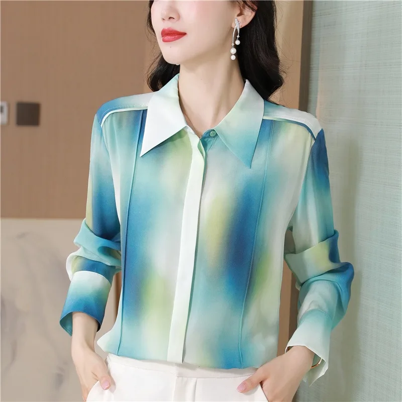 Print Women's Blouses Korean Shirts Patchwork Slim Fit Spring/Summer Vintage Clothing Satin Long Sleeve Women Tops