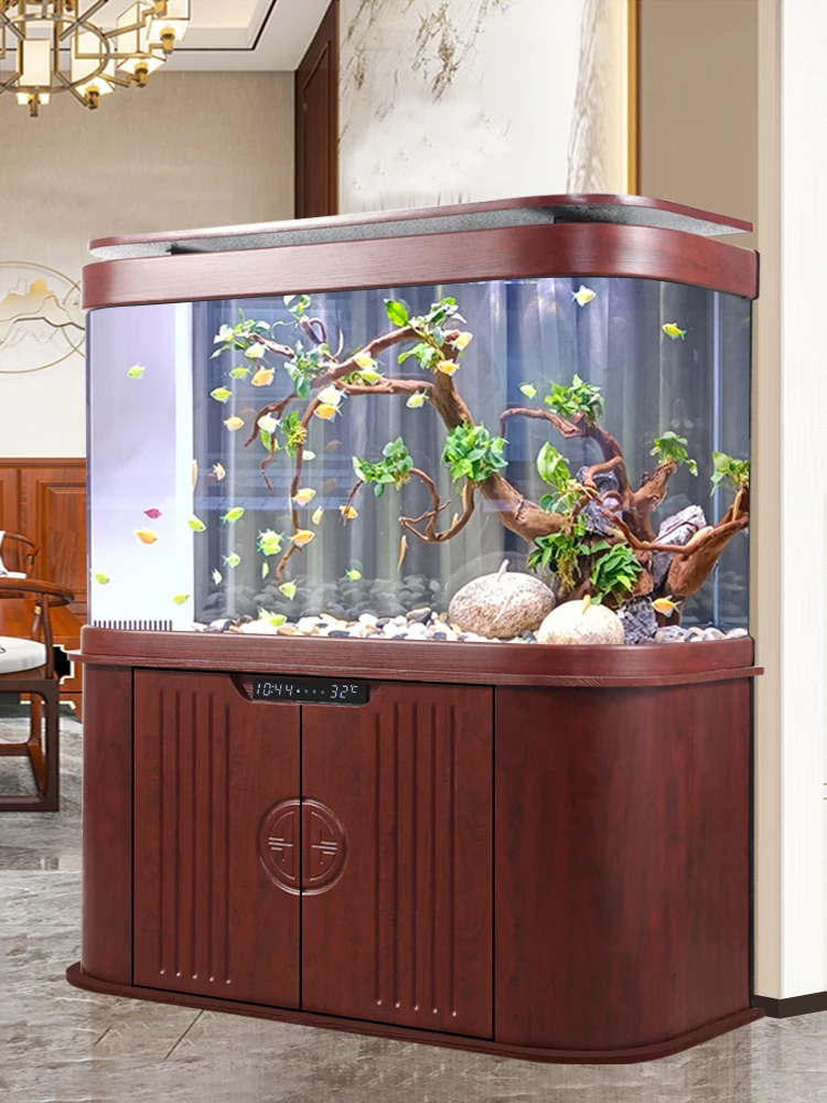 Double Arc Fish Tank Living Room Home Wall Large Floor Bottom Filter Change Water Ecological Creative Aquarium New Chinese Style