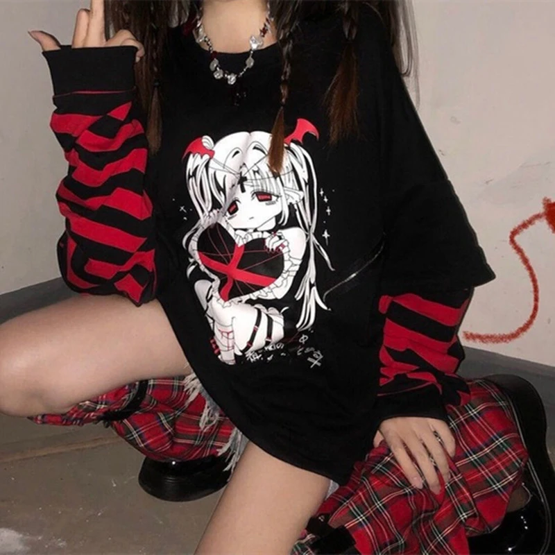 Spring Dark Academia Clothes Emo Anime Sweatshirt Women Striped Gothic T-shirt Long Sleeve Black Tops Y2K Grunge Harajuku Hoodie