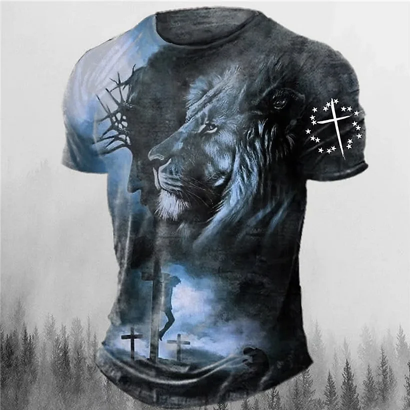 2026 Summer Retro Streetwear Distressed Men's T-Shirt With Lion Print Short-Sleeve Loose-Fit Crew Neck Sports Top