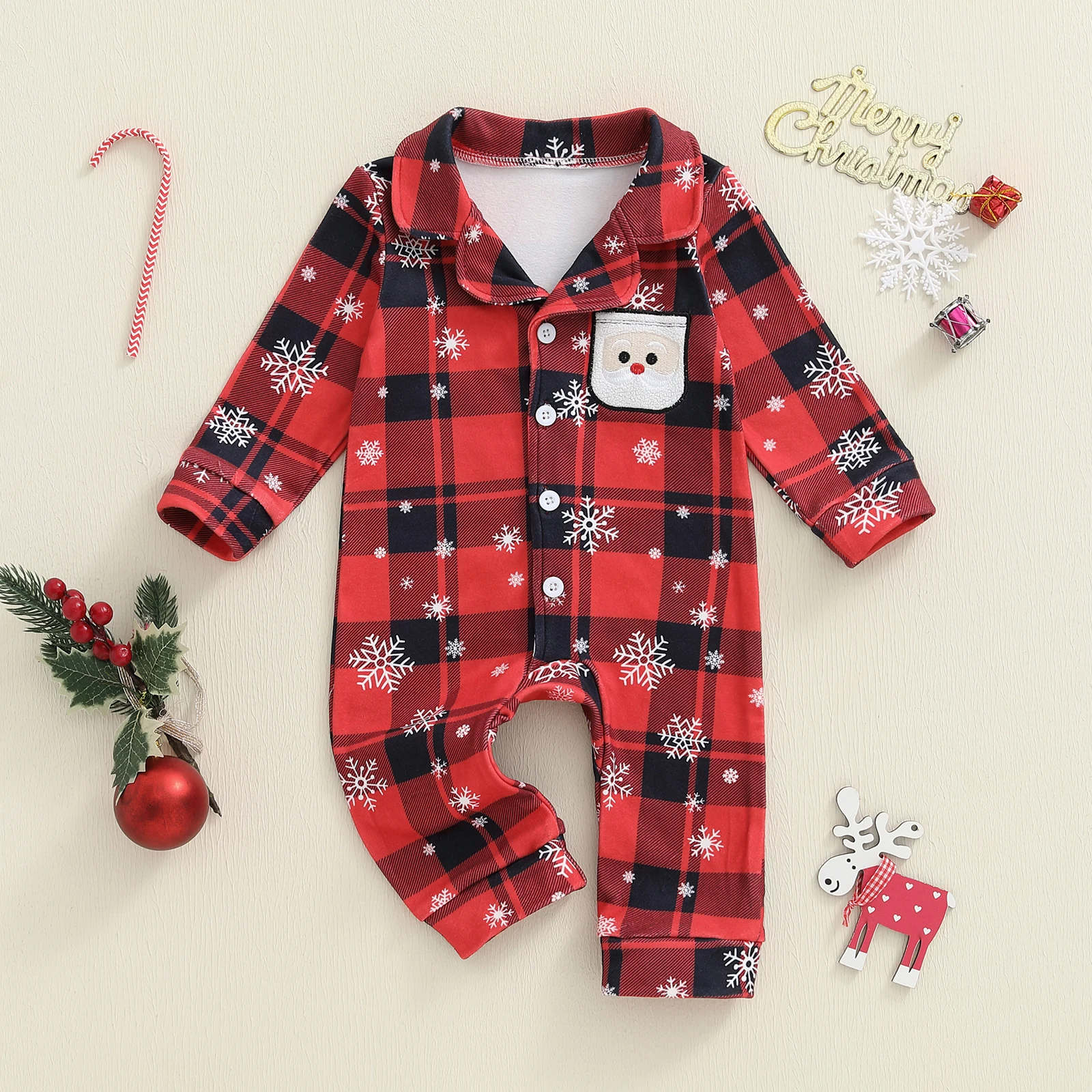 

Рождественские пижамы для маленьких девочек, клетчатый комбинезон со снежинками и лацканами на пуговицах, с v-образным вырезом и длинными рукавами для детей 0-18 месяцев