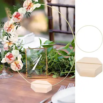 라운드 테이블 센터피스 링 금속 링 후프 스탠드, 나무 베이스, 라운드 다리미 화환 링, 드림 캐처 테이블 장식