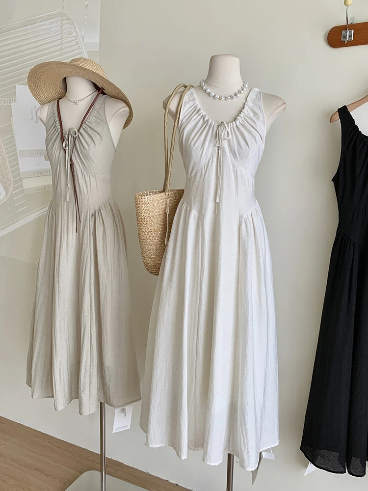 Summer French Vintage Solid Color Prom Gown Maxi V-Neck Dress Sleeveless 2000s Aesthetic Women Mori Girl Frock One-Piece Evening