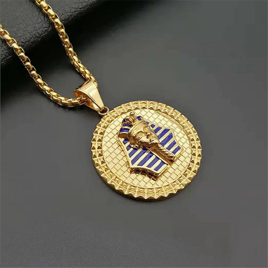 

Egyptian Pharaoh Sphinx Necklace Pendant With Chain And Gold Color Stainless Steel Hip Hop Egypt Round Jewelry Dropshipping