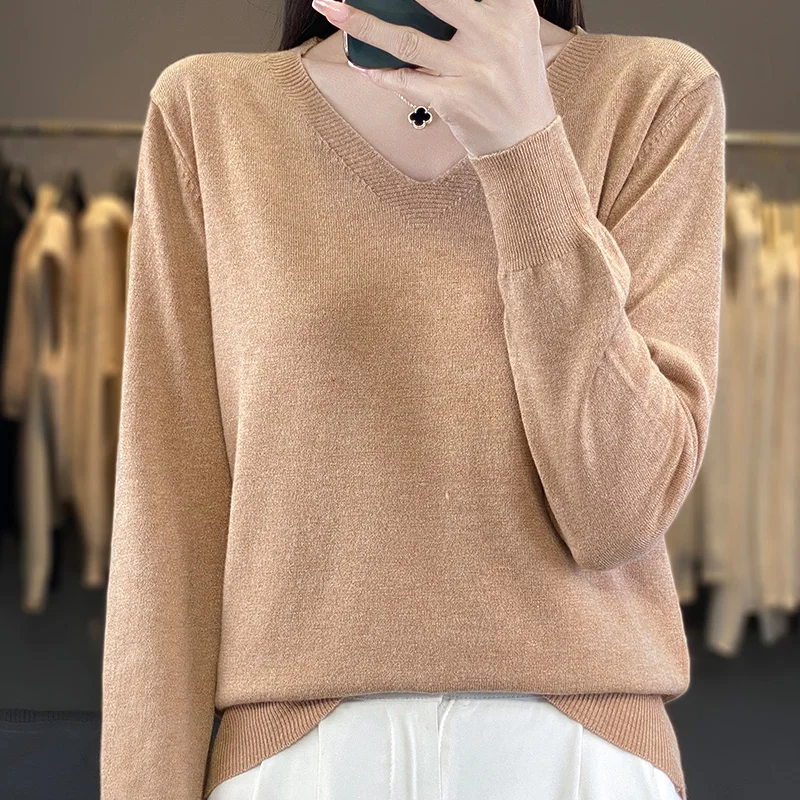 2024 Klassieke Stijl Kasjmier Pullover Mode Merino Wollen Trui V-Hals Gebreide Zachte Warme Basic\' Kleding Tops Met Lange Mouwen