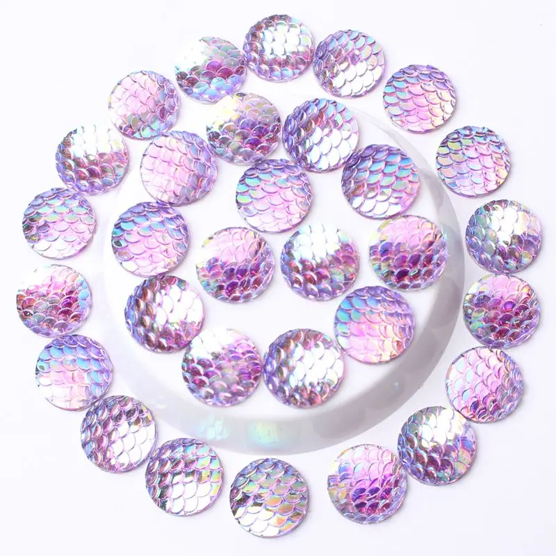 12mm 40Pcs Fish Scale Surface Facets Round Circular Style Resin Rhinestones Flat Back Stones For Patch Jewelry DIY Material