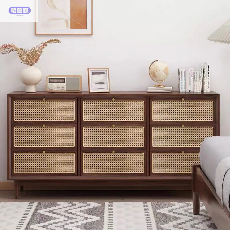 Solid wood small chest rattan dining side drawer storage simple living room entrance bedroom display cabinet Japanese style