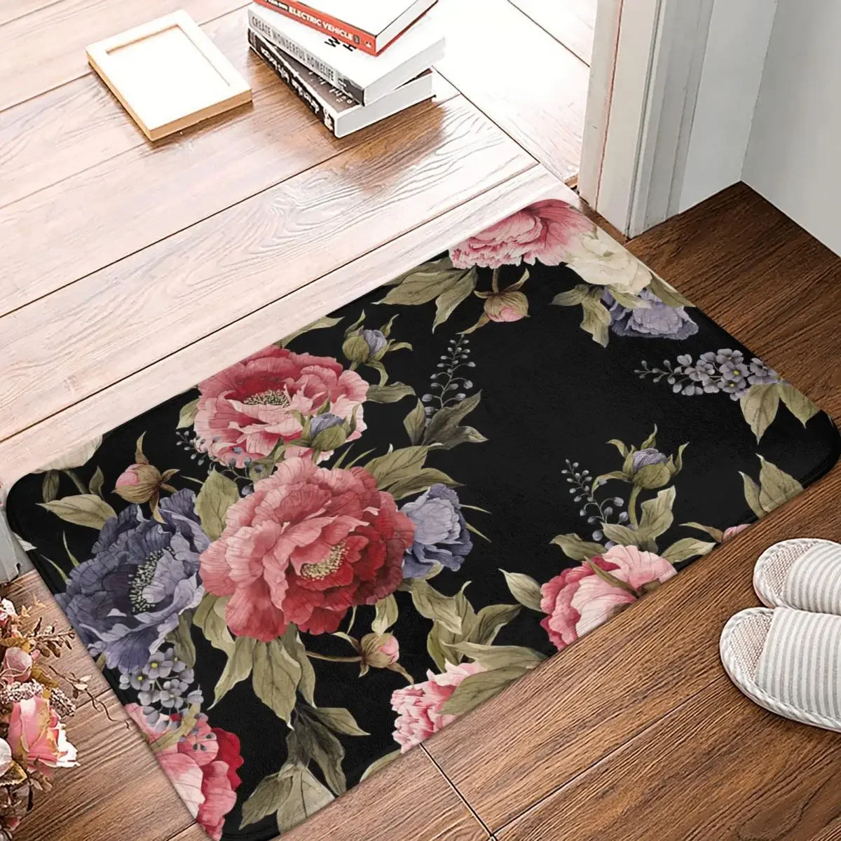 Non-slip Doormat Peony Black Red Carpet Living Room Bedroom Mat Outdoor Indoor Decor