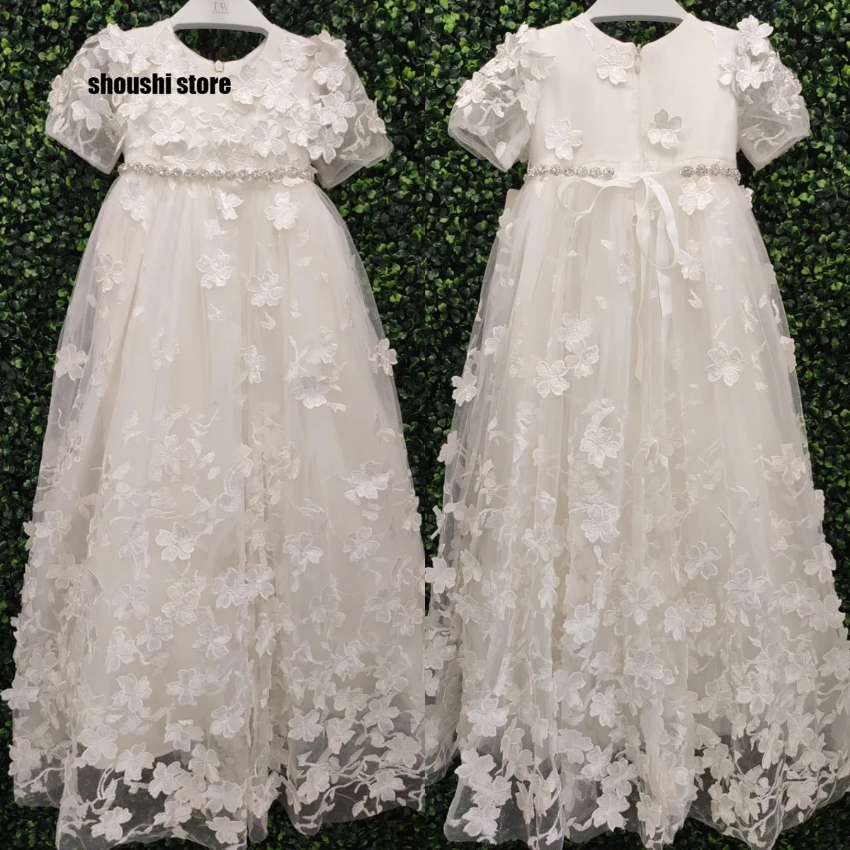 

Luxury Lace Baby Christening Gowns Appliques Crystal Sash Girls Baptism Customized Newborn Kids Birthday First Communion Dresses
