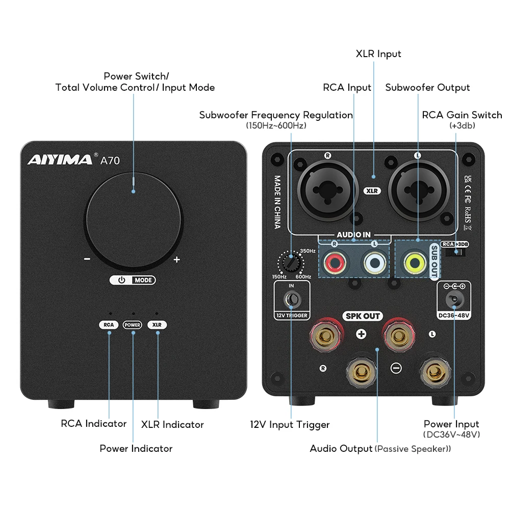 AIYIMA A70 오디오 앰프 파워 300 Wx2 TPA3255, Pffb 12V 트리거 밸런스드 입력 XLR RCA 하이파이 스테레오 홈 앰프