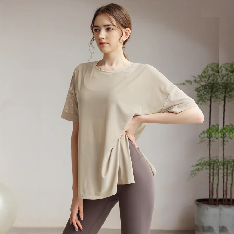 تي شيرت بأكمام قصيرة للنساء ، ملابس يوجا ، رقبة مستديرة ، فضفاضة ، جيدة التهوية ، بلون واحد ، منقسمة ، راحة ، رياضة ، لياقة بدنية ، صيف ،