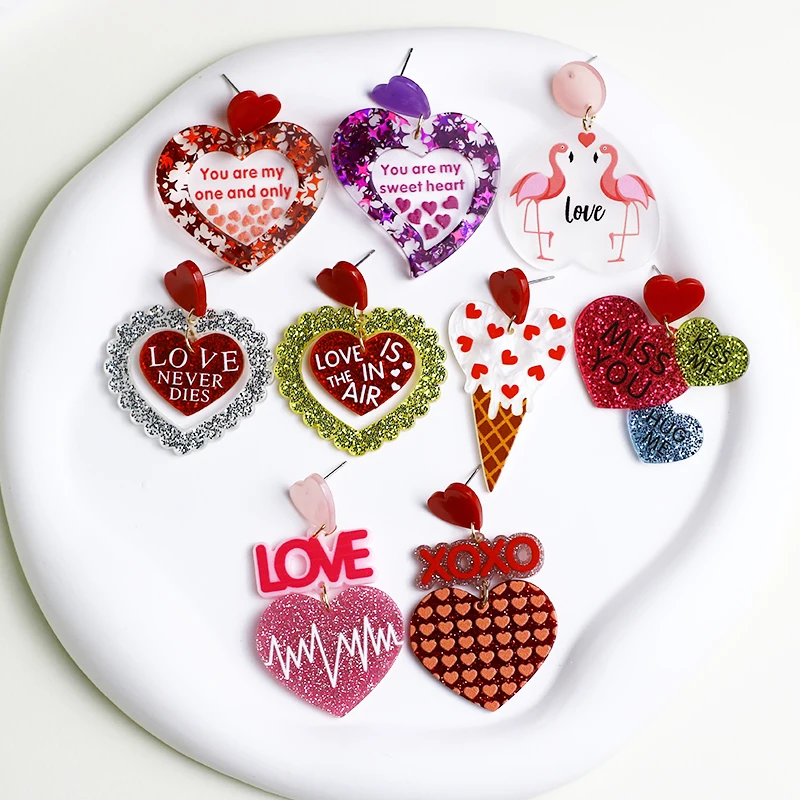 

Valentine's Day Sequins Heart Earrings For Women Romantic LOVE NEVER DIES Heartbeat Acrylic Drop Earring Jewelry Gift