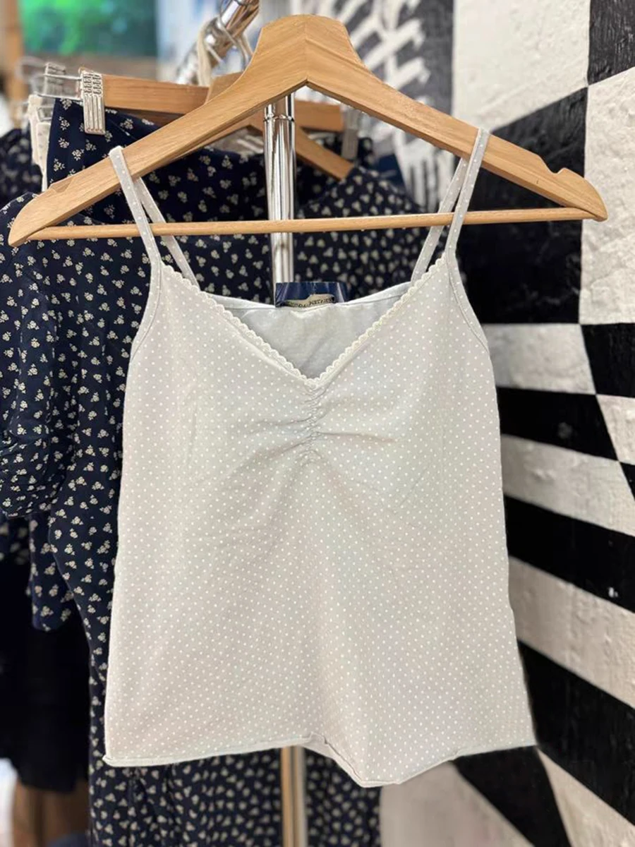 New Polka Dots Blue Slim Tank Tops Women Summer Lace Trim Folds V-neck Sleeveless Cotton Cropped Vest Fashion Sweet Crop Top Y2k