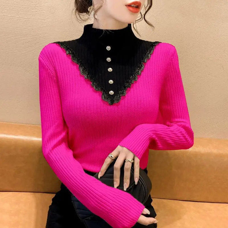 Patchwork Contrast Slim Sweaters Autumn Winter Long Sleeve Youth Knitting Fashion Pullovers Top Vintage Elegant Women Clothing