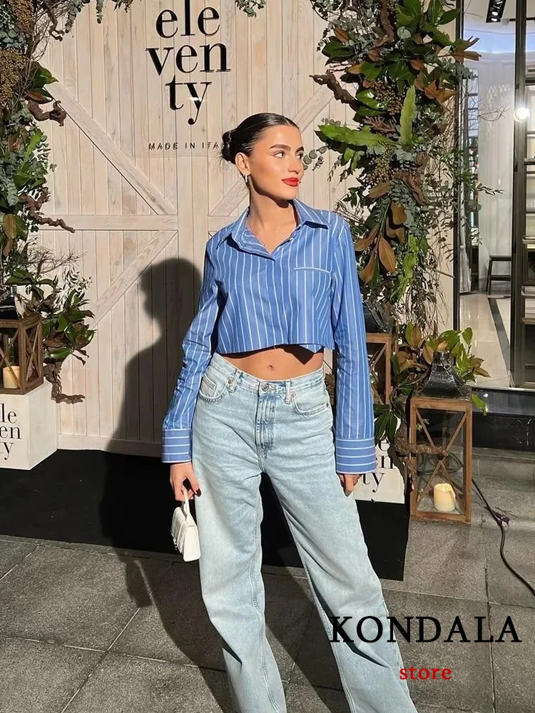 KONDALA Chic Streetwear Vintage Striped Women Shirts Fashion 2022 Streetwear Sexy Short Blouse Y2K Casual All Match Autumn Tops