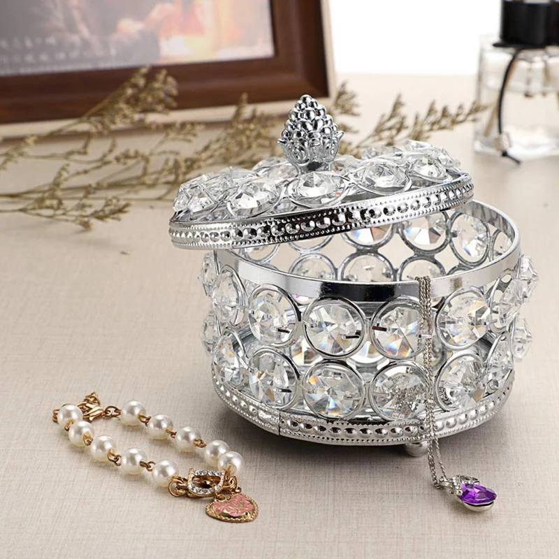 

Crystal Mirrored Box Jewelry Trinket Organizer Box Home Decor Ring Earrings Necklace Storage Holder Keepsake Box(Silver) Durable