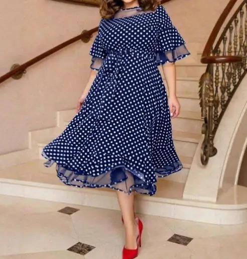 

Summer Fashion Polka Dot Lace Up Dress with Mesh Splicing, See Through Neckline, Five Quarter Sleeves, Women's A-Line Dress