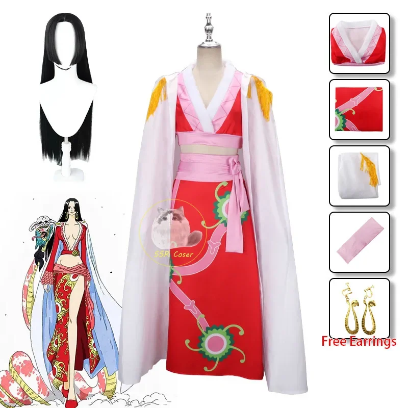 Anime Boa Hancock Cosplay Costumes Sexy Empire Red Kimono Dress Uniform Boa Hancock Wig Earrings Halloween Costumes for Women JS