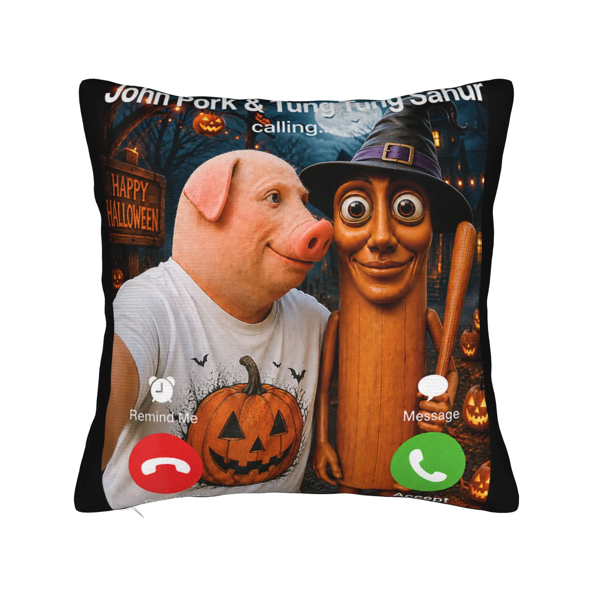 John Pork Tung Tung Sahur Calling Funny Halloween Brainrot Pillow Case Pillow Cover Comfy Pillowcases For Living Room Bed Chair