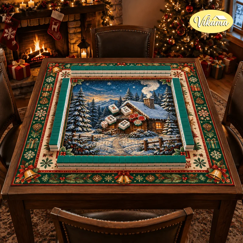 VIKAMA Cozy Winter Christmas Mahjong Table Mat, Non-Slip, Absorbent, Quiet Poker and Card Game Mat, Party Home Decor