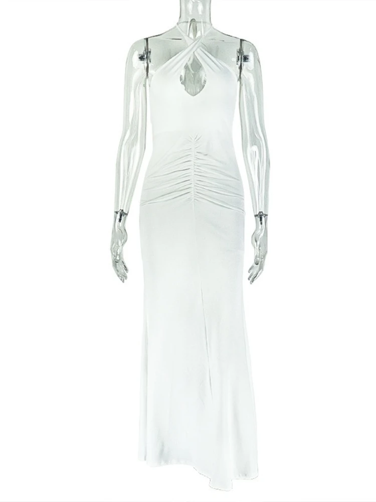 SsTss Elegantes ärmelloses langes Damenkleid, solides Ausschnitt-Detail, Neckholder, rückenfrei, gerüscht, schlank, High Street, Club, Partykleid