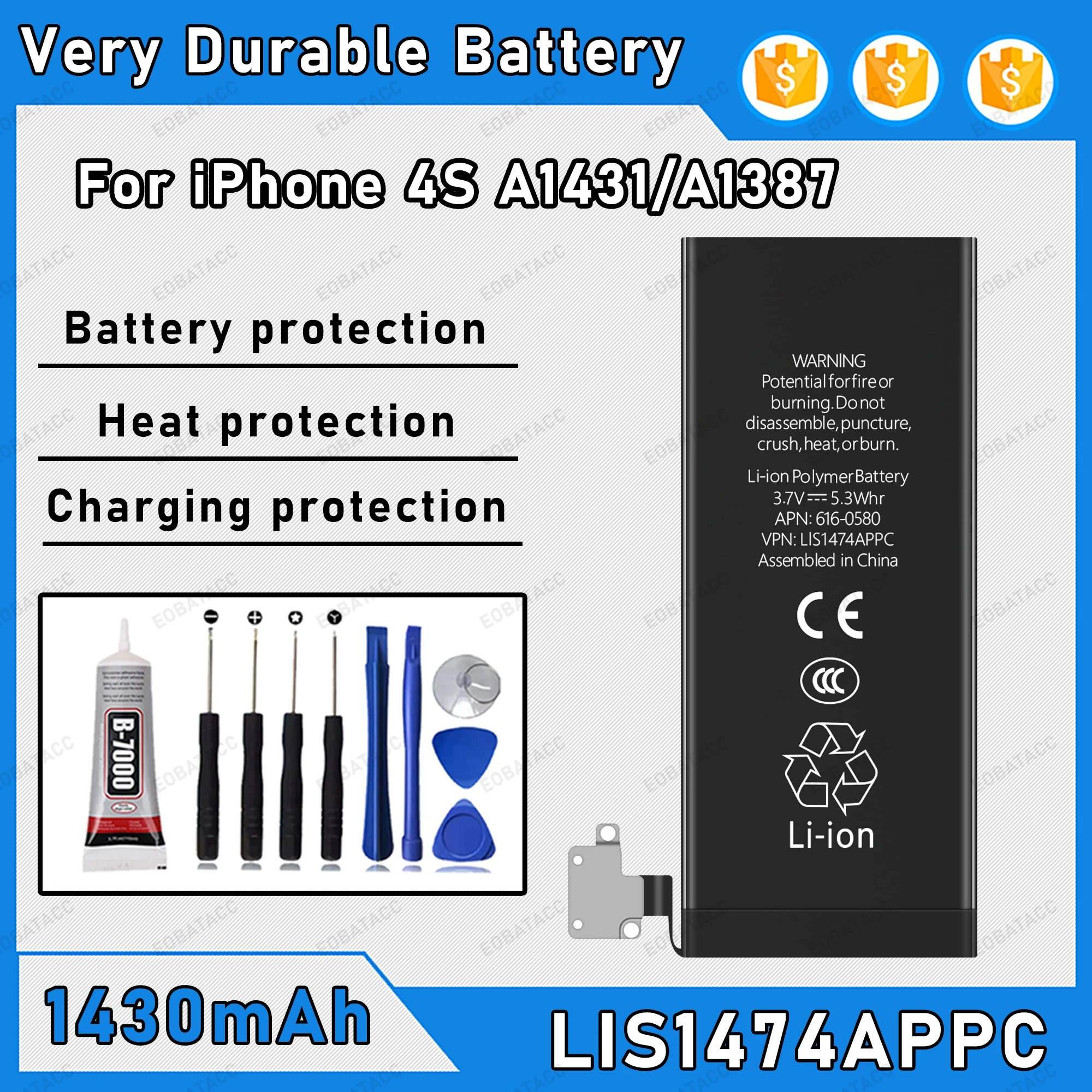 100% 0 Cycle High Capacity Battery For iPhone 4S A1431/A1387 Phone Bateria + Free Tool Kit