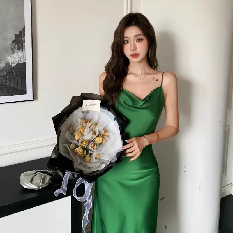 ชุดเดรสสายเดี่ยวผ้าซาตินไหมอะซิเตทหรูหราสง่างามสำหรับผู้หญิง สีเขียว ม่วง ดำ ชมพู ขาว ทรงเข้ารูป สายยาว