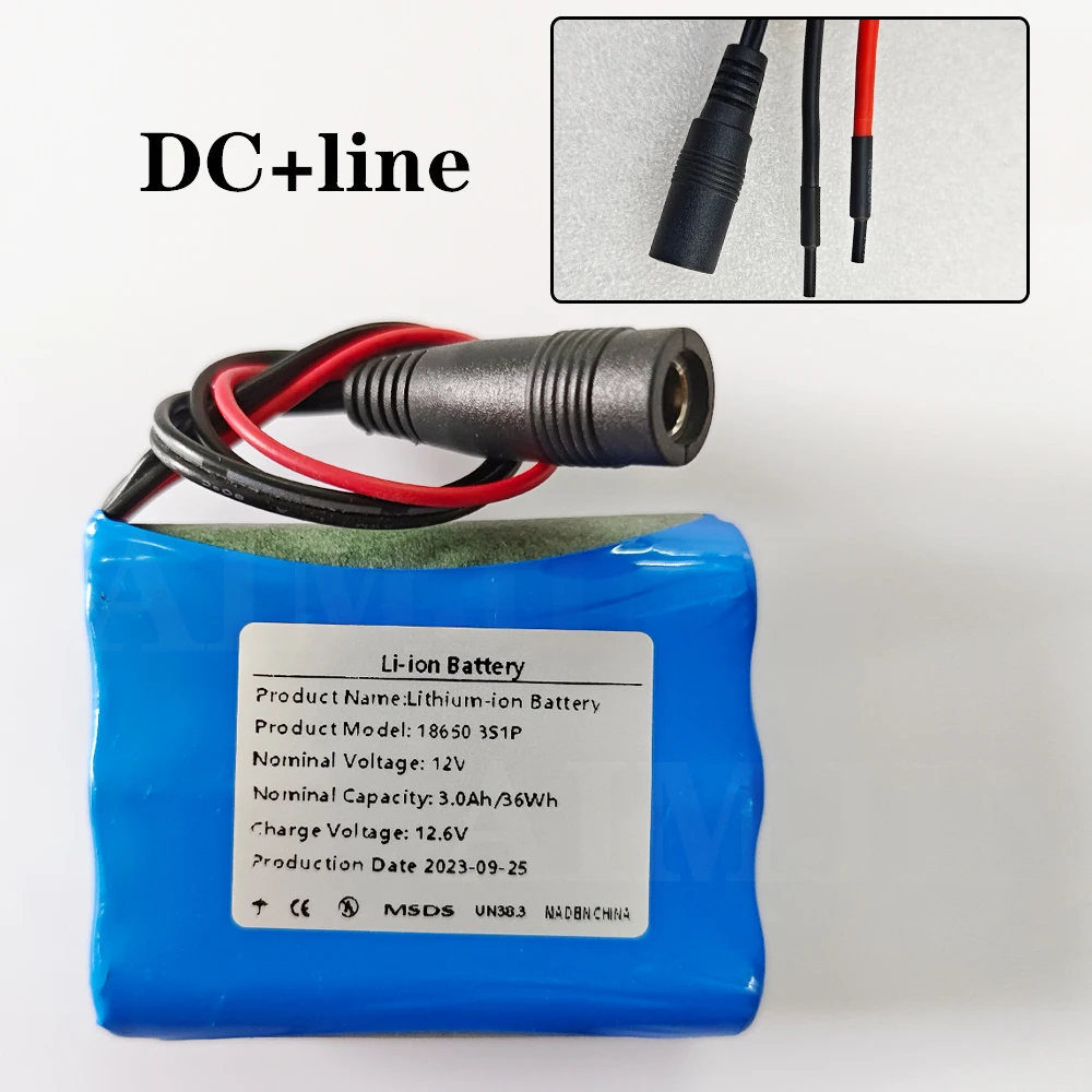 Paquete de batería 3S1P 12V 18650, batería recargable de iones de litio de 3000mAh, 12,6 V, iluminación LED, cámara CCTV, fuente de alimentación de respaldo