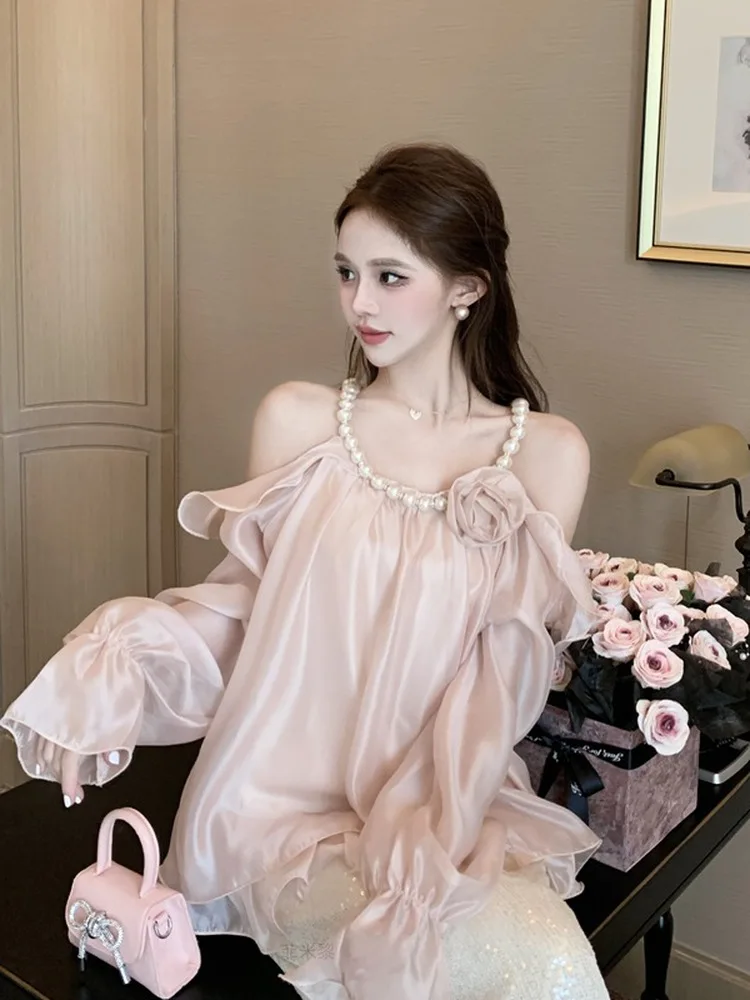 

French Style Pearl Collar off Shoulder Shirt Women's Loose Fit Summer Top Elegant Anti-Aging Belly Covering Slimming Upper Body
