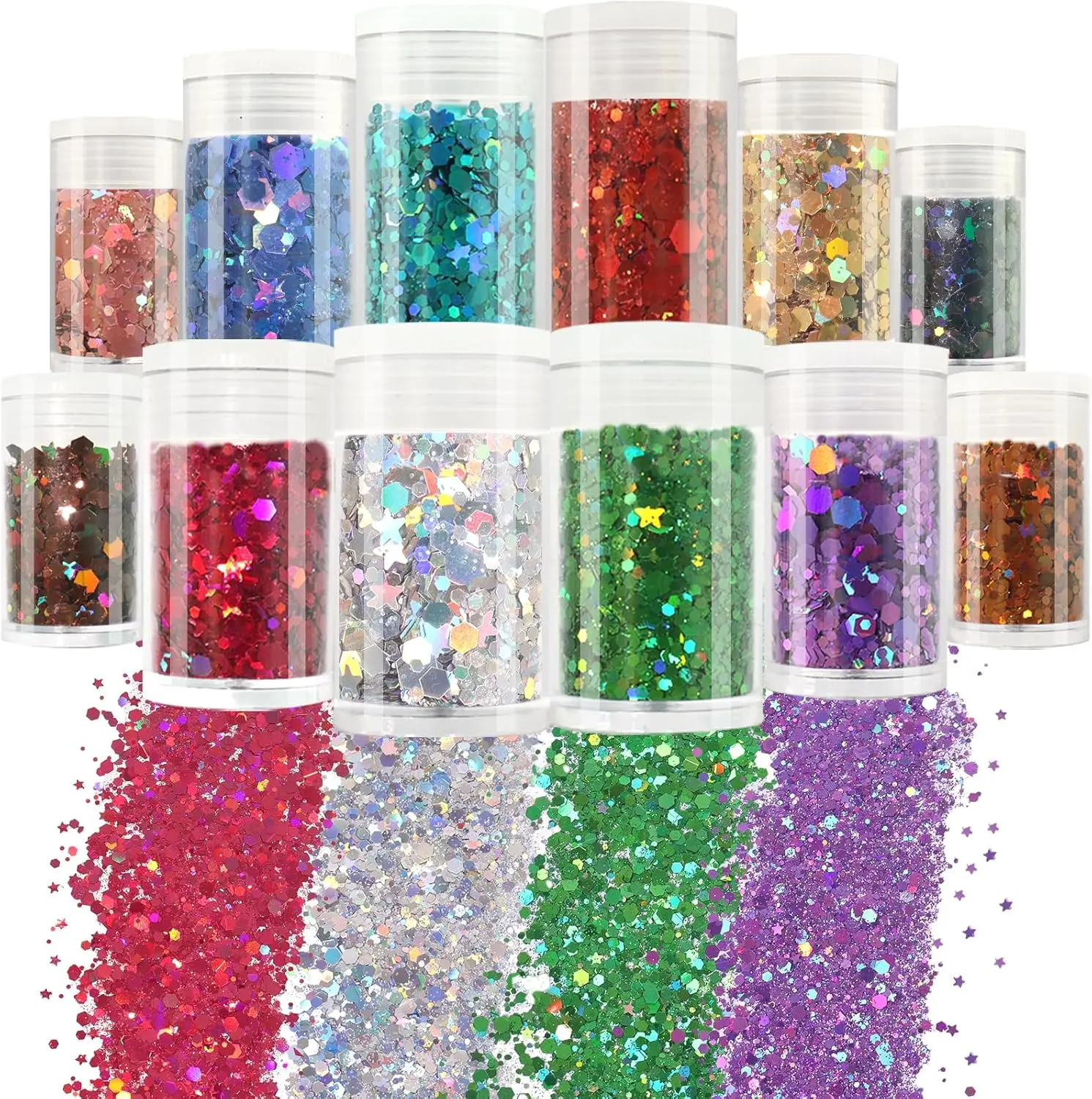 12 colores holográficos brillo grueso surtido 3mm formas de estrellas polvo de brillo fino para arte de uñas corporal artesanía colores mezclados