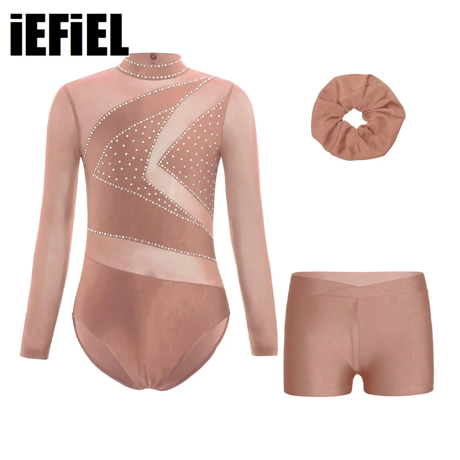 Kids Girls Figure Skating Costume Sets Sheer Mesh Sparkly Rhinestone Leotard with Waistband Shorts And Hairband for Gymnastics