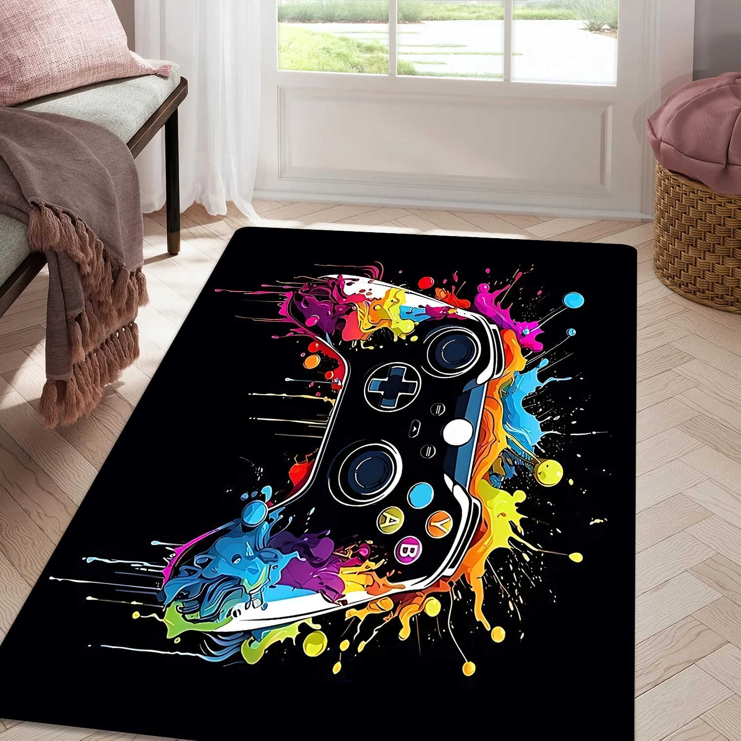 Modern Colorful Ink Splatter Game Controller Rug - Soft  Non-Slip Carpet Suitable for Bedroom, Living Room, Game Room, Machine