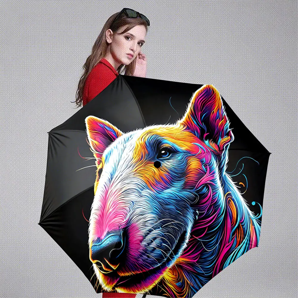 Colorful Abstract Dog Portrait on Black Background Umbrella portable waterproof sun rain umbrella for outdoor travel beach