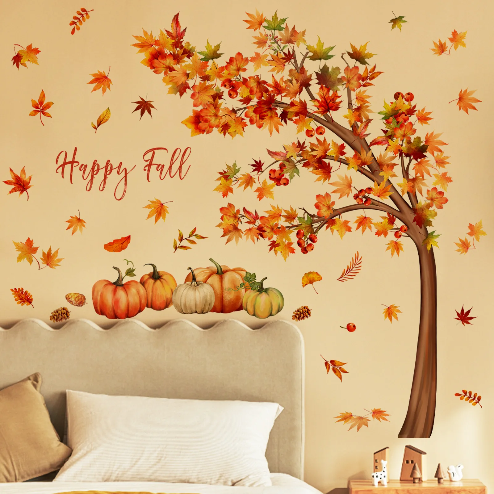 Fall Watercolor Style Maple Tree PVC Wall Sticker, Maple Leaf, Pumpkin, Self-adhesive, Home Decor, Living Room, Bedroom