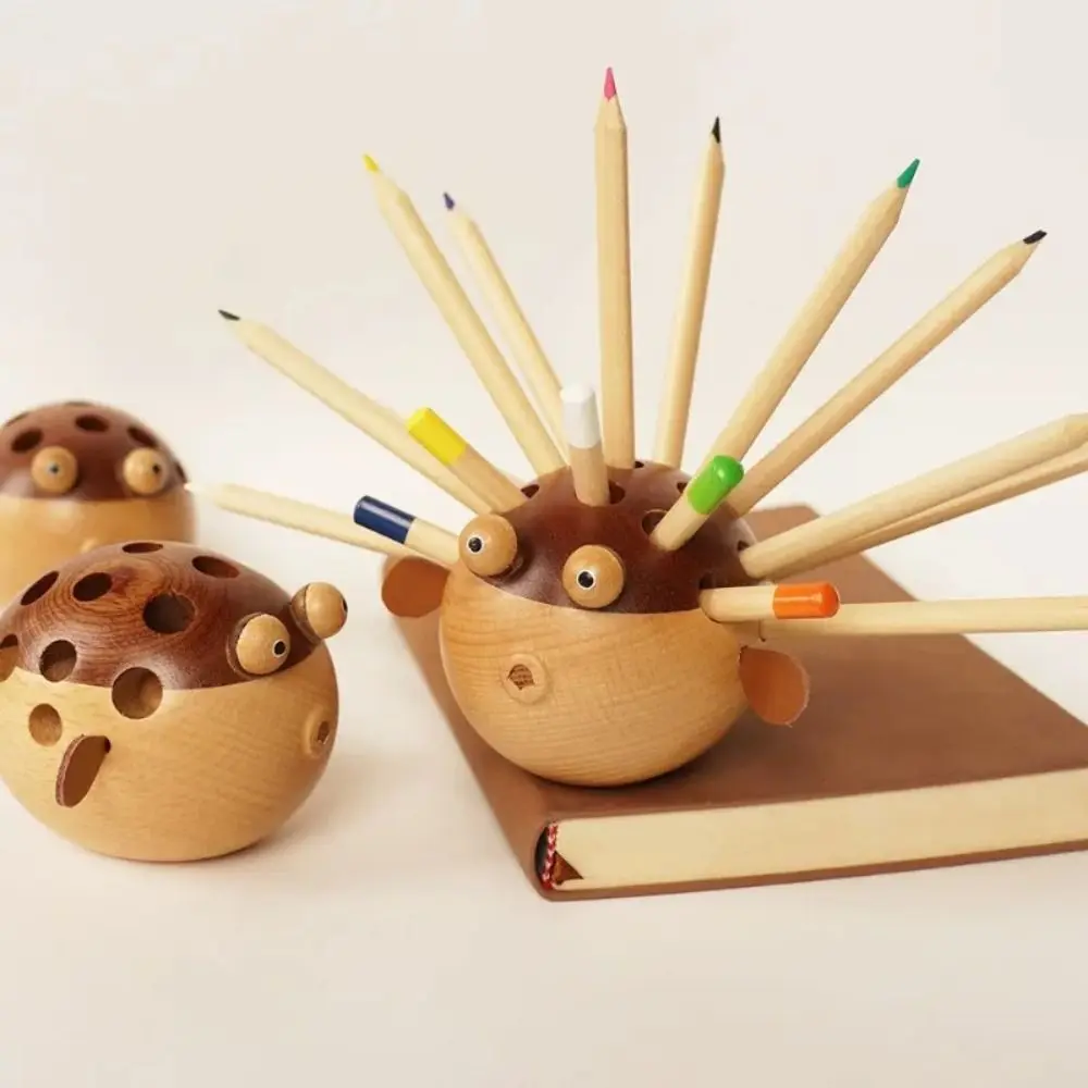 Creative Pen Insert Puffer Fish Pen Holder Wooden Table Decoration Pencil Stand Smooth Surface Pen Container For Children