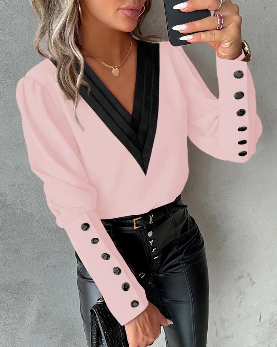 

For Women 2026 White Tops FemmeOffice Ladies V-neck Button Shirt Blouse Spring Autumn Fashion Color Matching Long Sleeve Shirts