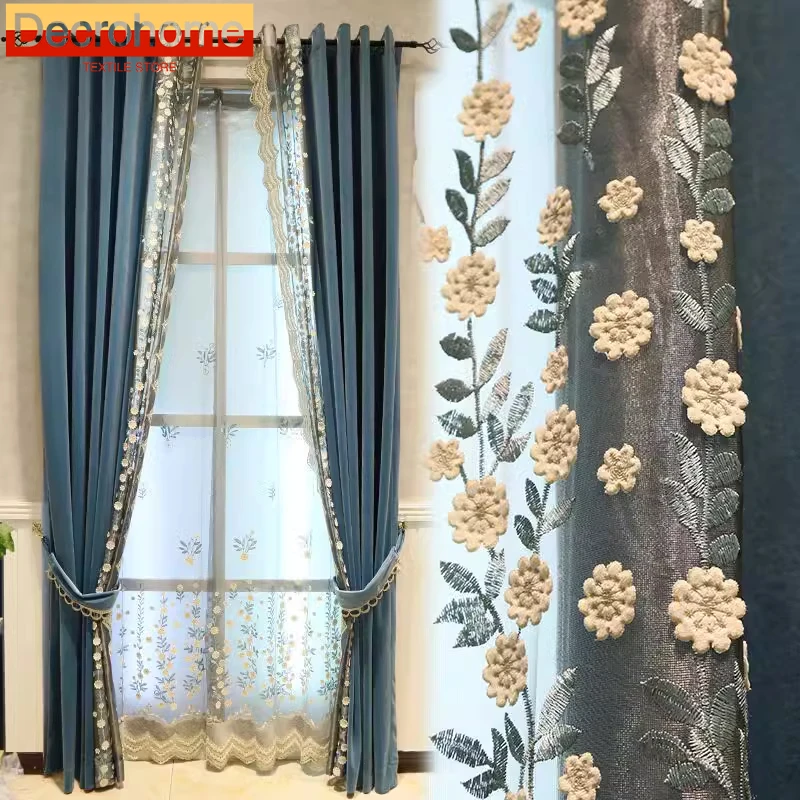 New French Light Luxury Blue-gray Embroidered Window Screen Spliced Velvet Curtains Custom Windows for Living Room and Bedroom