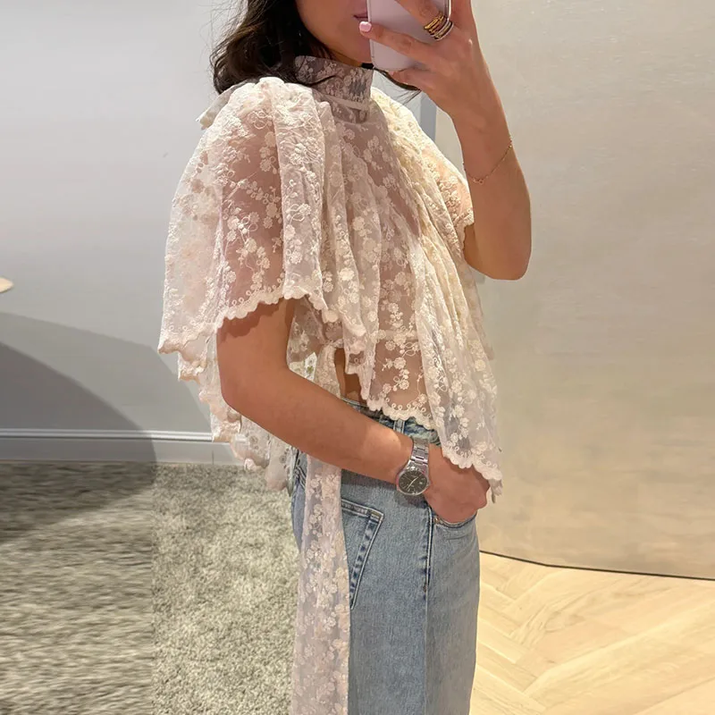 

Lady Summer Flower Embroidery Lace Tees Vintage Mesh Sheer Irregular Ruffled Pullover 2026 Spring Summer Lady Beach Holiday Top