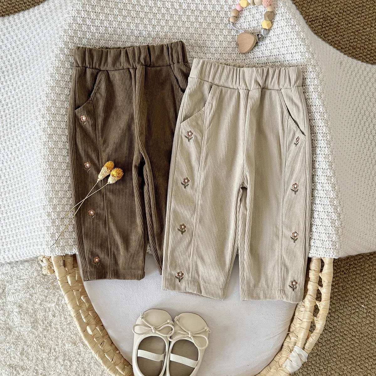Autumn Newborn Baby Girl Loose Floral Embroidered Casual Pants Baby Fashion Pants Kid Outdoor Corduroy Trousers