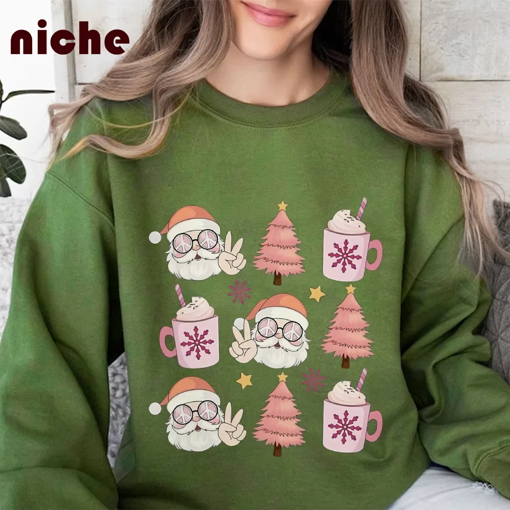 Damen-Kapuzenpullover aus Baumwolle, Weihnachtsstil, Weihnachtsmann, Kiefer, Grafikdruck, schick, lockere Schulter, neuer Trend, Rundhals-Sweatshirt