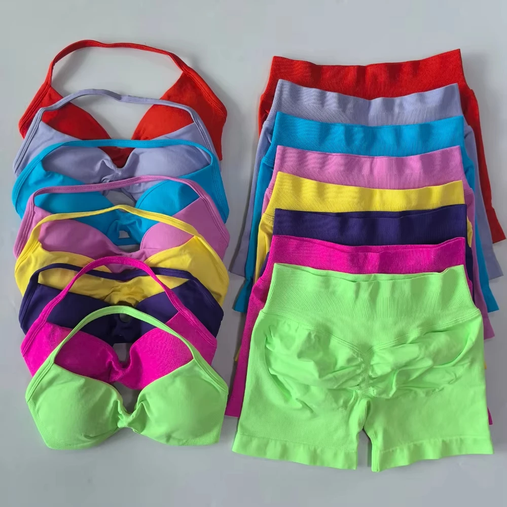 Ruched Seamless Yoga Set for Women 2 Piece Strappy Sports Bra And Gym Shorts Halter Workout Fitness Suit Sportswear