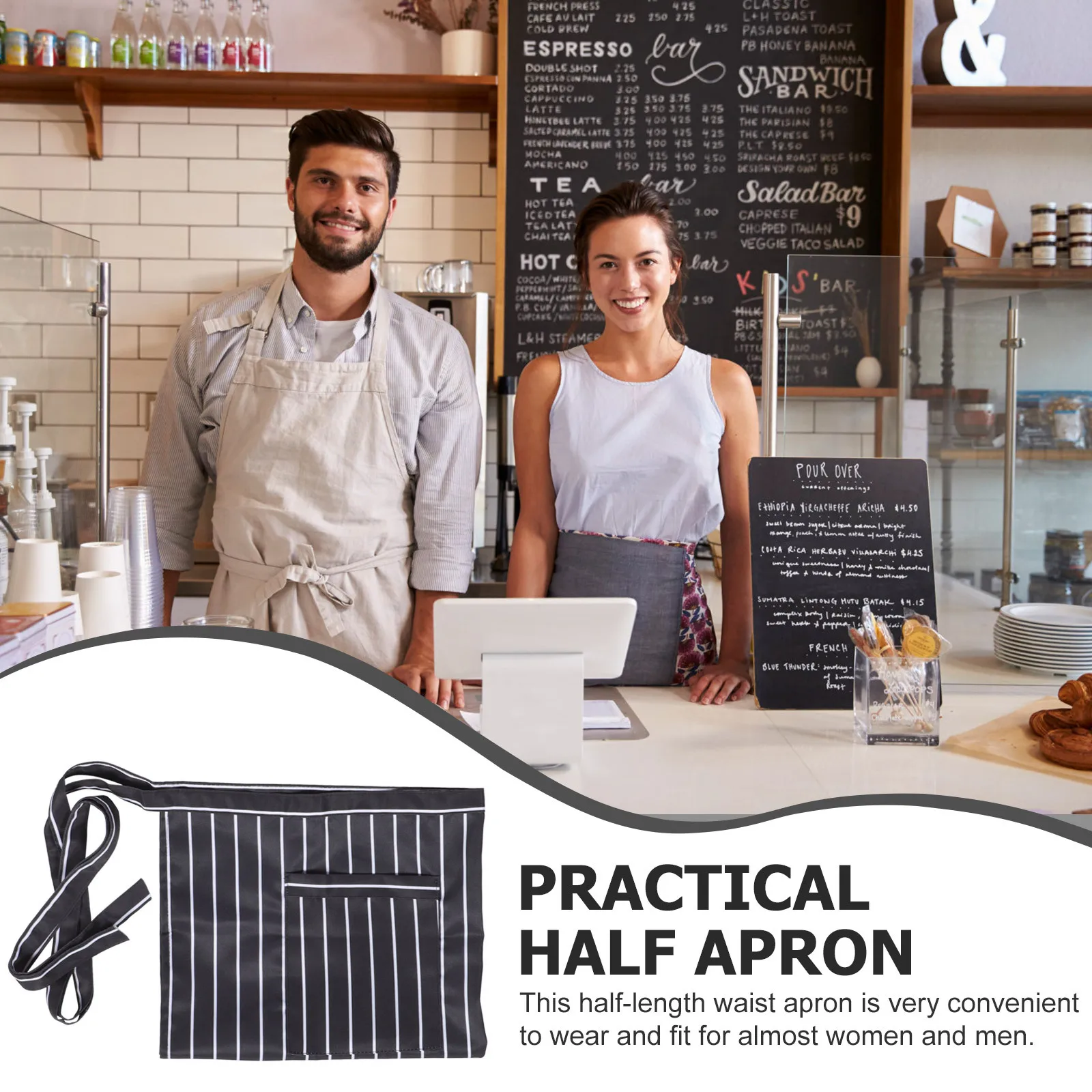 Adjustable Waist Apron for Men and Women Black Half Apron Chef Server Bartender Bistro Kitchen Workwear Cooking Baking Gardening