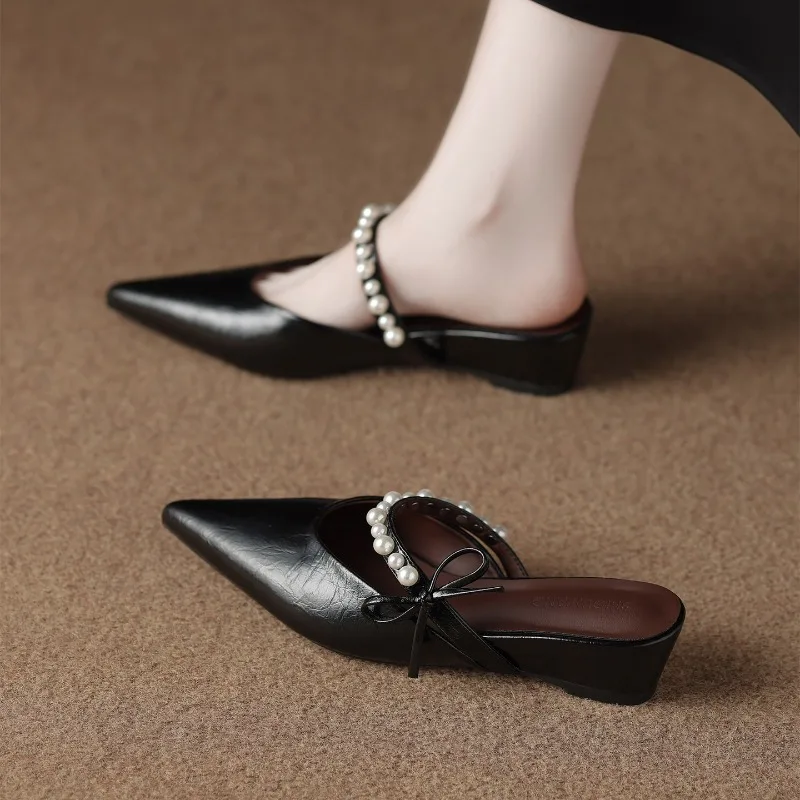 Soft Leather Inner Heightened Pearl Baotou Sandals Versatile External Wear Temperament One-foot Slip-on Half Slippers