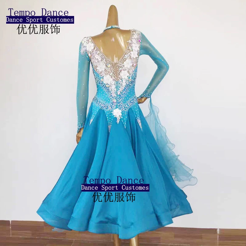 Ballroom Dance Dress Standard Skirt Competition Dress Costumes Performing Dress Customize Adult Children Blue Sparkly Rhinestone