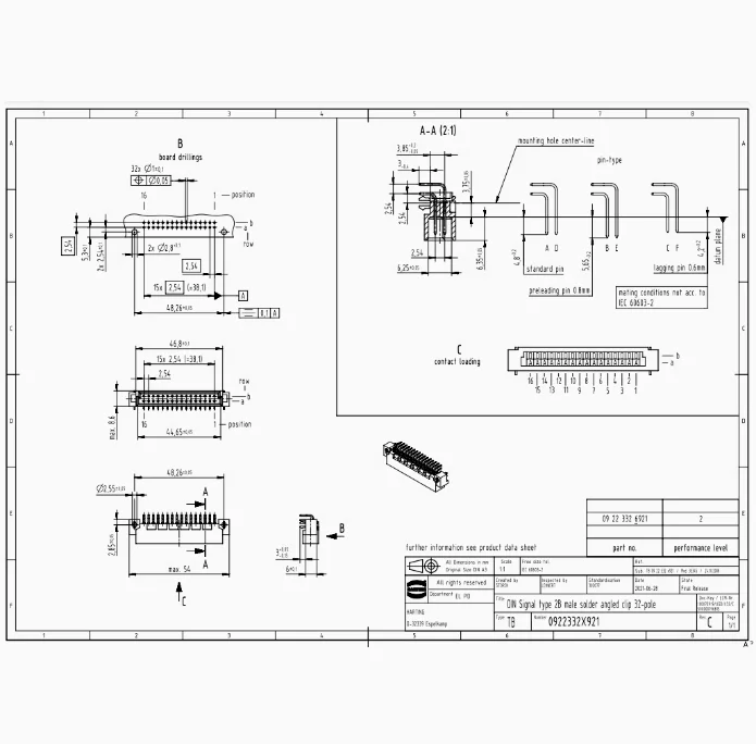 09223326921 HARTING 2A32-pin pria konektor gelombang solder kabel metode siku jenis