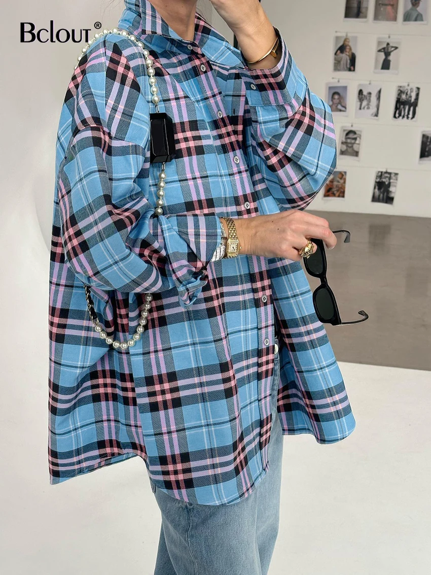 Bclout Fashion Pink Plaid Shirts Blouses Women Elegant Blue Long Sleeve Oversize Shirts Casual Party Loose Blouses Street 2024